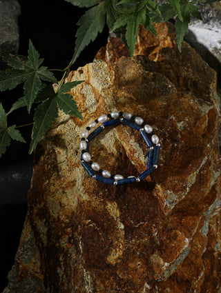Lunar Shield — Lapis Lazuli & Freshwater Pearl Bracelet