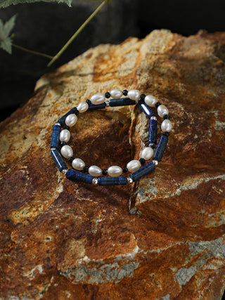 Lunar Shield — Lapis Lazuli & Freshwater Pearl Bracelet