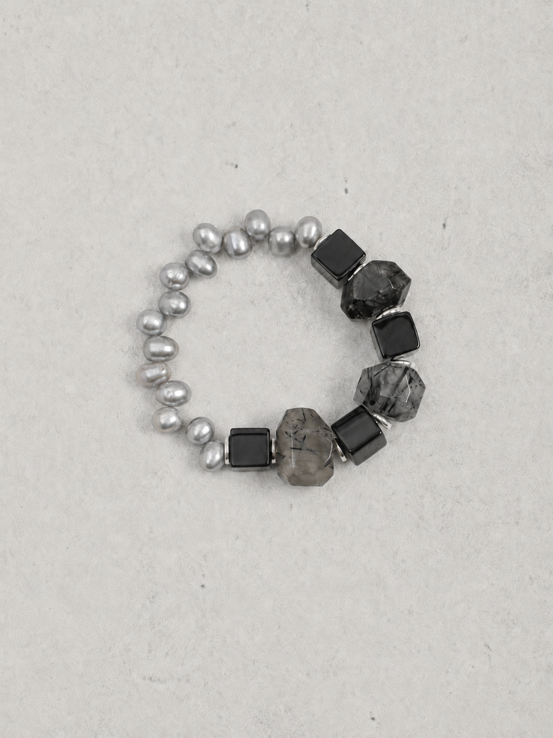 Shadow Bridge — Black Rutilated Quartz & Pearl Bracelet