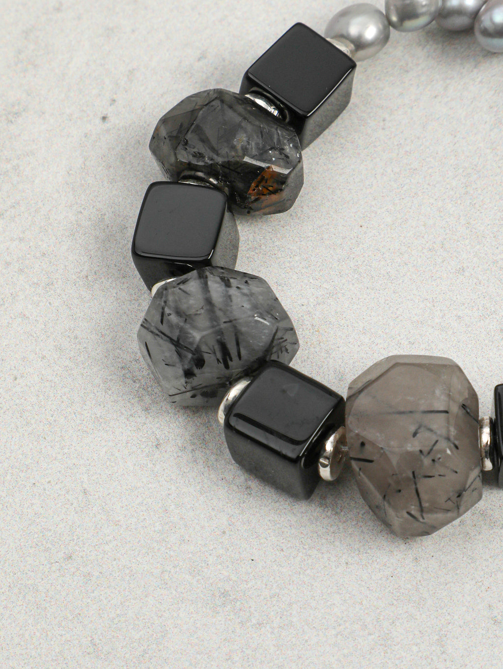 Shadow Bridge — Black Rutilated Quartz & Pearl Bracelet