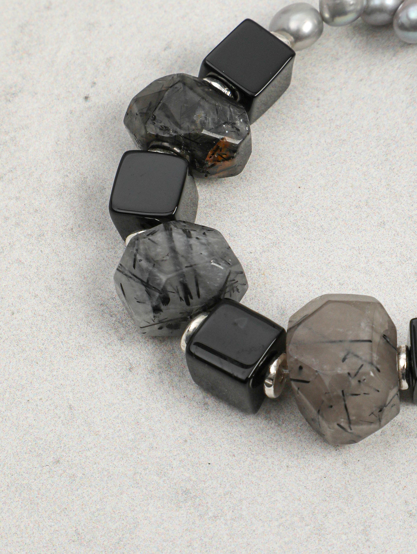 Shadow Bridge — Black Rutilated Quartz & Pearl Bracelet