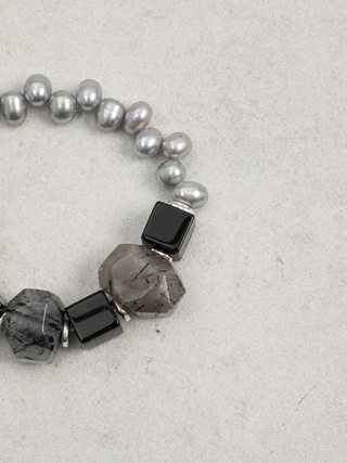 Shadow Bridge — Black Rutilated Quartz & Pearl Bracelet