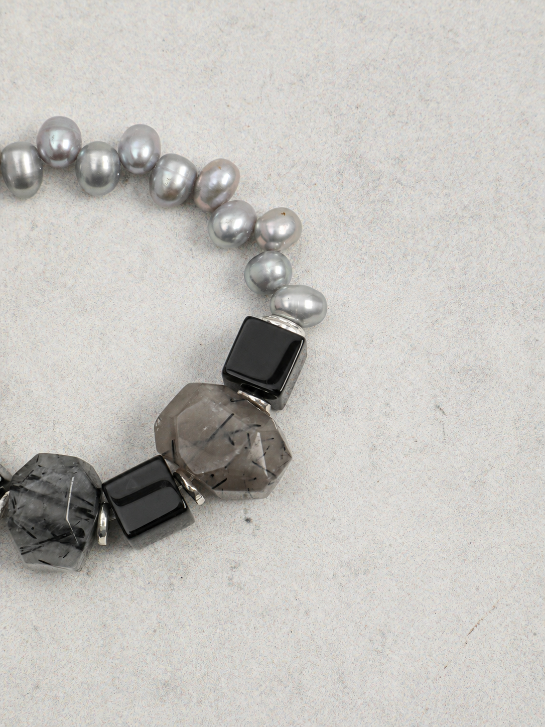 Shadow Bridge — Black Rutilated Quartz & Pearl Bracelet