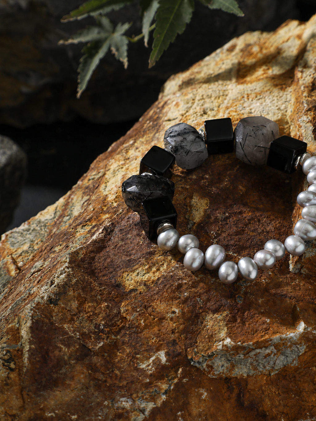 Shadow Bridge — Black Rutilated Quartz & Pearl Bracelet