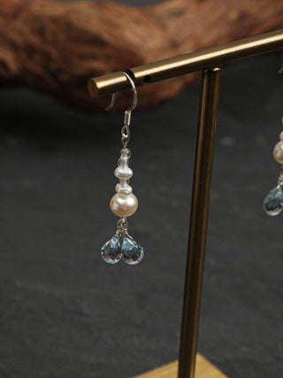 Crystal Cascade — Pearl & Blue Topaz Earrings