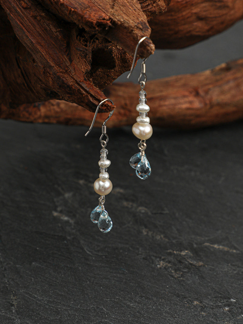 Crystal Cascade — Pearl & Blue Topaz Earrings