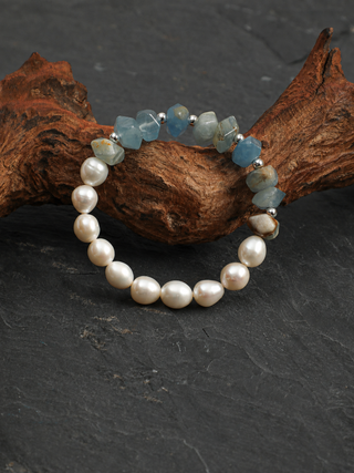 Moonlit Tide — Blue Calcite & Freshwater Pearl Bracelet