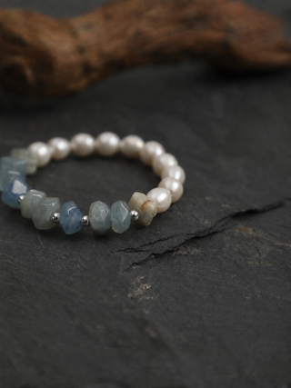 Moonlit Tide — Blue Calcite & Freshwater Pearl Bracelet