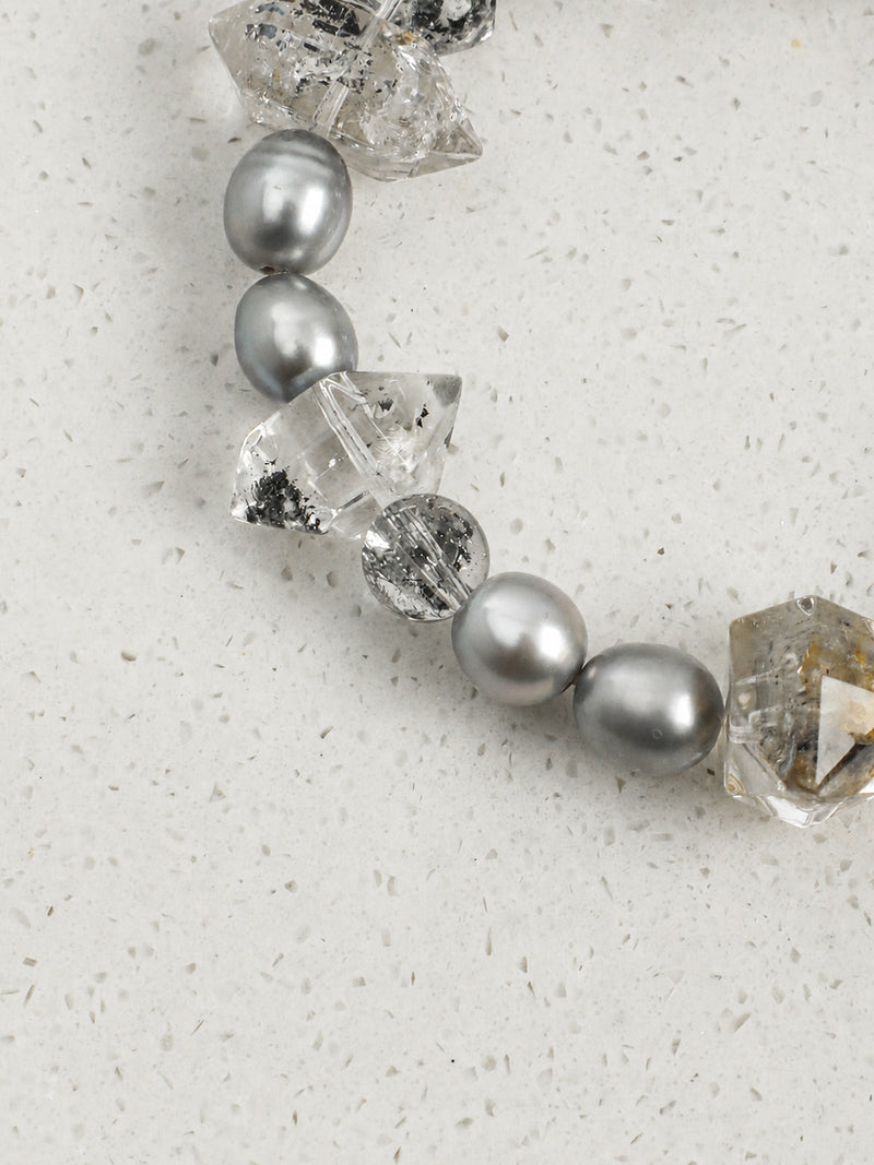 Silver Veil — Black Phantom Quartz & Pearl Bracelet