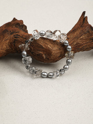 Silver Veil — Black Phantom Quartz & Pearl Bracelet