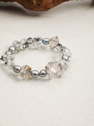 Silver Veil — Black Phantom Quartz & Pearl Bracelet